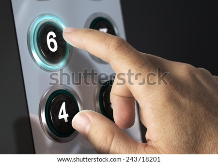 Elevator buttons with finger pressing the number six, concept of choice