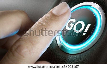 Man finger about to press an action button with the text go, black background and blue light. Composite between a photography and a 3D background. Entrepreneurship concept.  商業照片 © 