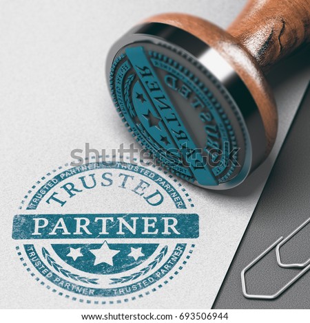 Trusted partner mark imprinted on a paper background with rubber stamp. Concept of trust in business and partnership. 3D illustration Foto d'archivio © 