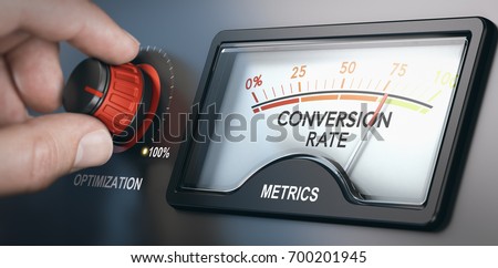 Hand turning optimization knob up to 100 percent and dial indicating conversion rate metrics. CRO concept. Composite image between a hand photography and a 3D background. Foto stock © 
