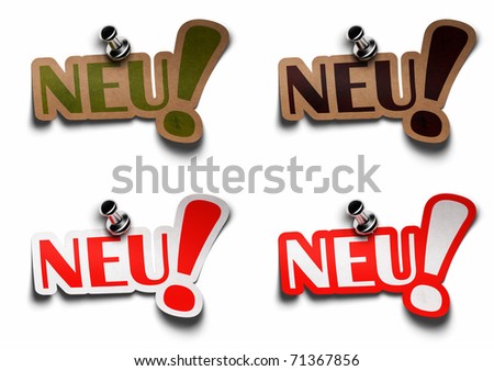 Neu word on stickers with metal pushpins in differents textures, red brown and green
