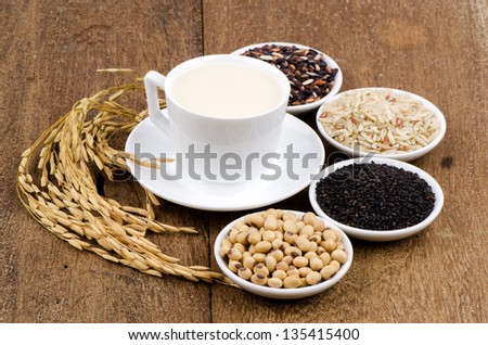 Soya, sesame seeds, soy and rice drinks ingredients healthy.
