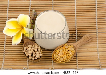 Soy beans, soy milk in a glass and soybeans.seeds. (Glycine max (L.) Merr.).