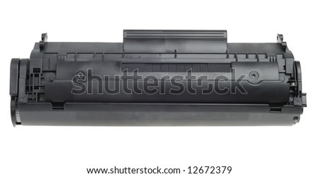 Plastic black printer cartridge isolated with clipping path over white