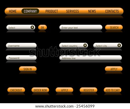 Website design set on a black. Consist of: menu, bar, buttons, checkbox, input text fields, drop down box.