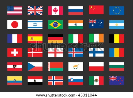 Vector set of world flags: USA, United kingdom, Canada, Russia, Japan, Brazil, Israel, France, Spain, Germany, Italy, Euro, India. File EPS 10 with transparency and overlay