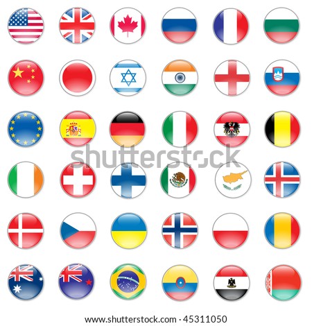 Vector set of world flags: USA, United kingdom, Canada, Russia, Japan, Brazil, Israel, France, Spain, Germany, Italy, Euro, India. File EPS 10 with transparency and overlay