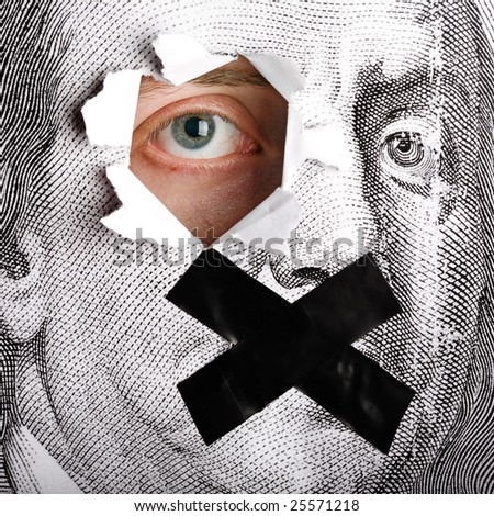 Close up of portrait of Benjamin Franklin form 100 dollars with living male eye and pasted lips