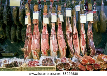 Display of the traditional spanish ham in butchers shop.