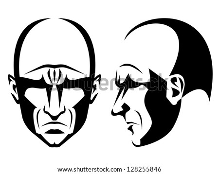 Stylized portrait and profile of a grim bald man