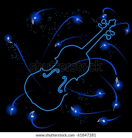 Neon or laser generated violin with fireworks and notes