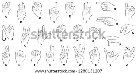 Hand sign language alphabet collection - vector line illustration