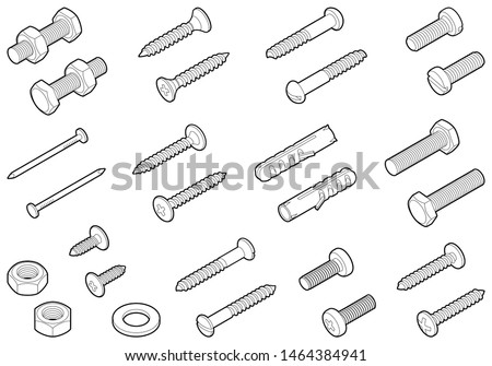 Screws / nuts / nails and wall plugs collection - vector isometric outline illustration