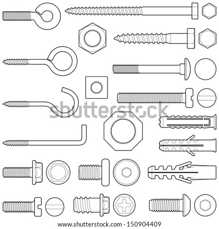Wall hooks / bolts / nuts and wall plugs collection - vector illustration