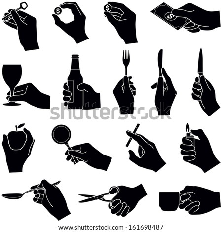 Hands with objects collection - vector silhouette illustration 