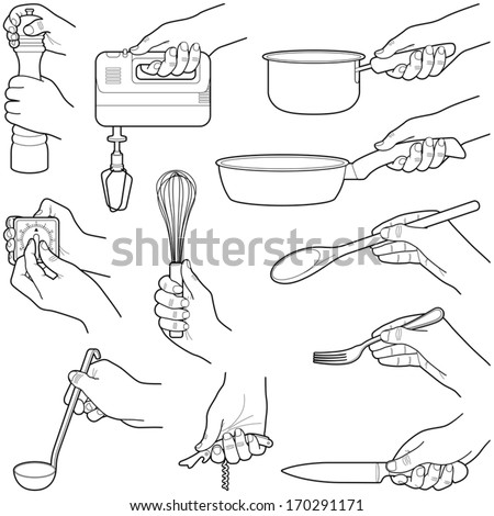 Hands with kitchen tools collection - vector illustration