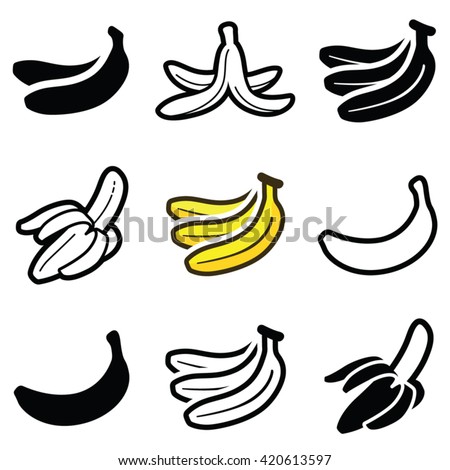 Banana icon collection - vector outline and silhouette