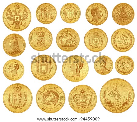 Gold coins collection / vintage illustration from Meyers Konversations-Lexikon 1897