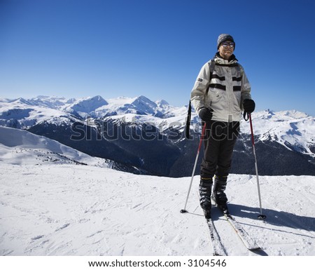 Caucasian senior man skier on slopes Whistler, British Columbia, Canada.