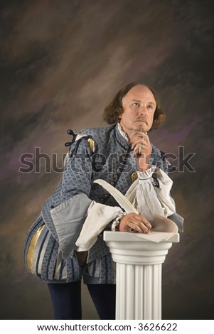 William Shakespeare in period clothing holding leaning on column with hand to chin in thoughtful expression.