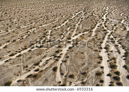 Aerial view of desert landscape with washes and bushes.
