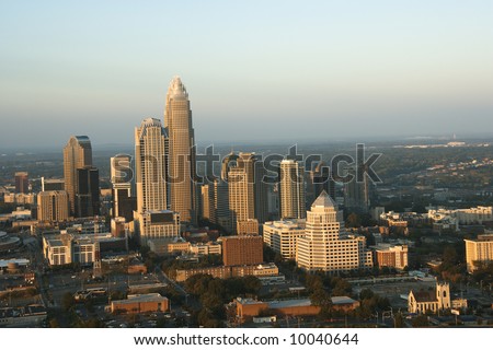 Aerial view of uptown buildings in Charlotte, North Carolina.