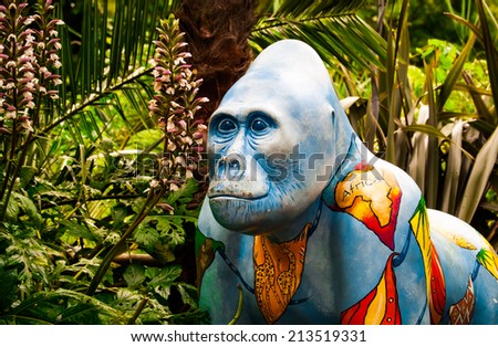 PAIGNTON, UK - JULY 05, 2014: Colorful gorilla sculpture at the entrance to Paignton Zoo, Devon, UK.