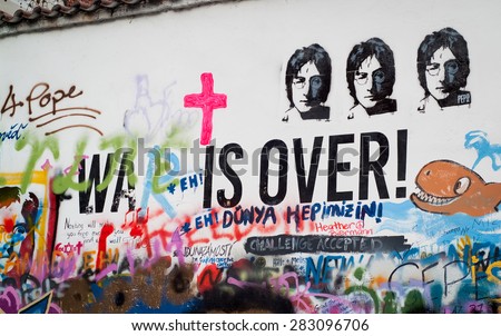 Prague, Czech Republic - January 30, 2015: the famous John Lennon Wall in central Prague photographed on January 30th, 2015. The wall is known for graffitis changing on it all the time.