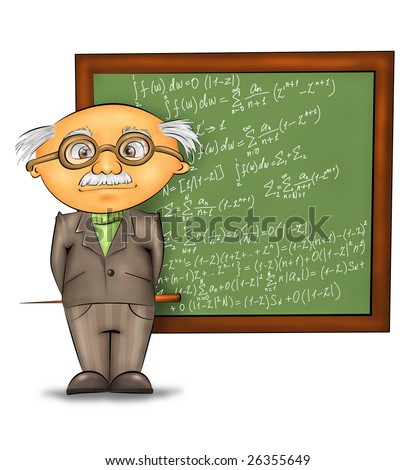 Funny Cartoon Professor Standing By The Blackboard Against White ...