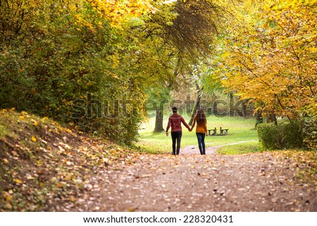 Young love couple, holding hands walking in the autumn forest