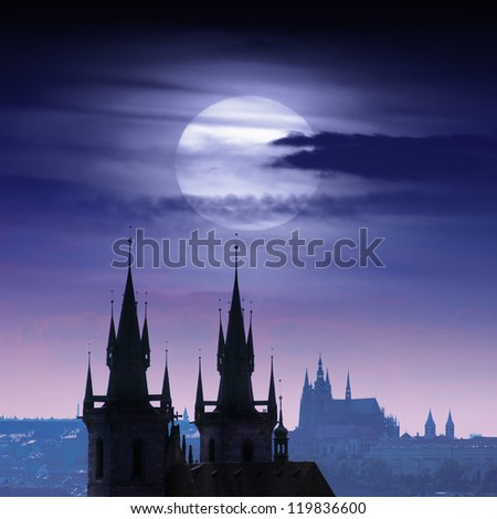 Similar – Image, Stock Photo Cloud over church roof and residential house
