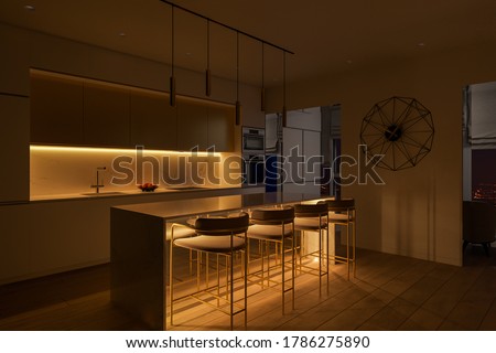 3D illustration of a kitchen with night lighting. Kitchen interior design with led island lighting. Kitchen design ideas 2020