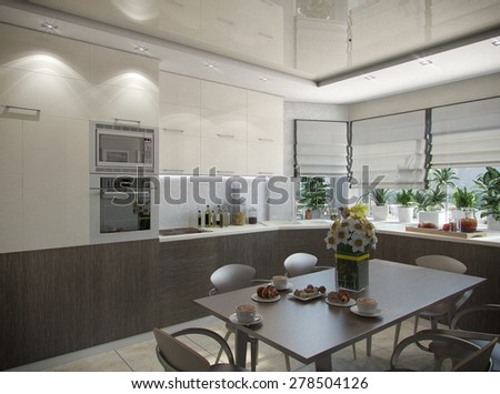 3d illustration of a kitchen in beige tones