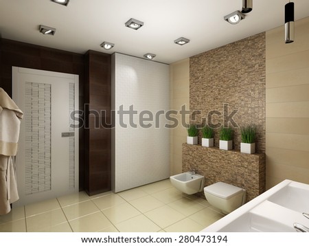 3D render of the modern bathroom in brown and beige tones