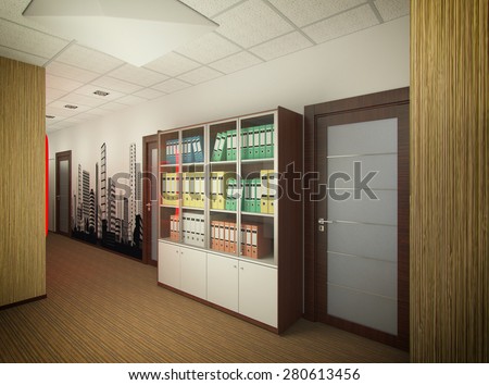3D render of interior design of office of agency of real estate