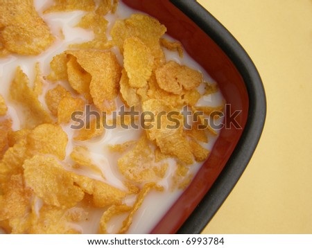 dried corn flaked cereal in red square bowl