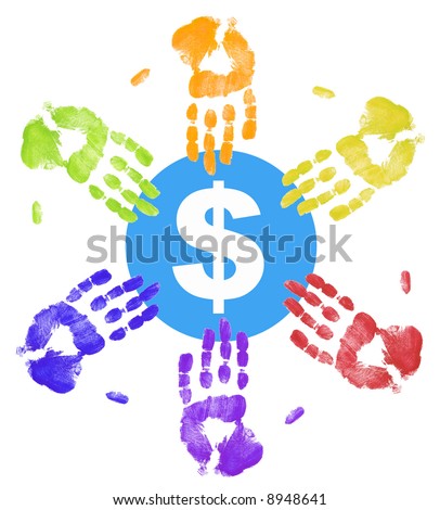many colored hand prints all reaching out for the money