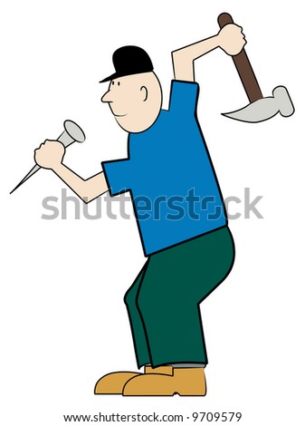 Bald Male Carpenter With Hammer And Nail - Vector - 9709579 : Shutterstock