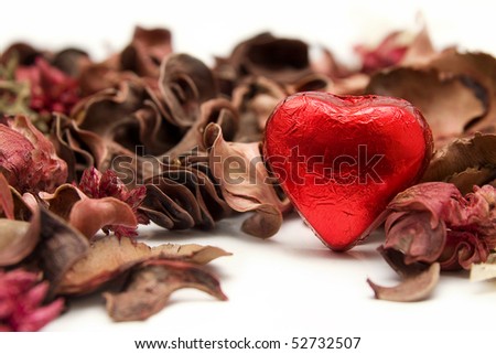 An image of a chocolate with heart shape whit plants decorations