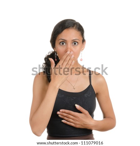 Young woman with different facial expressions. Body language. Happy, surprised, open. Isolated on white .