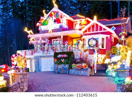 Beautiful home decorated and lighted for Christmas and for New Year Eve at Night at Vancouver, Canada.