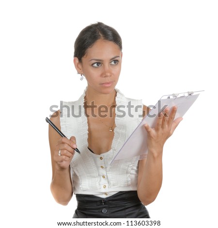 Young woman with different facial expressions. A secretary, executive making notices. Body language. Happy, surprised, thinking, listening. Isolated on white .