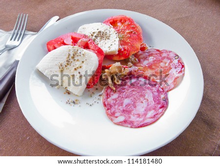 Some food. Cheese tomatoes and salami.