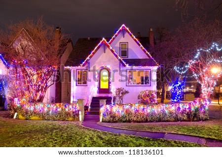 Old house decorated and lighted for Christmas and for New Year Eve at Night at Vancouver, Canada.