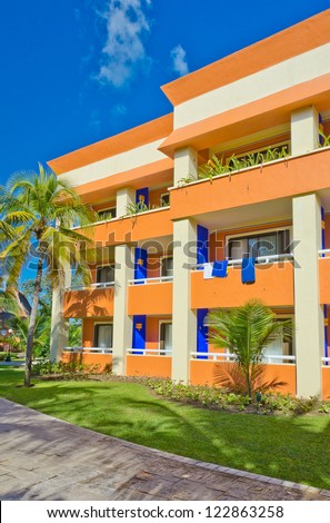 Colorful luxury caribbean resort hotel building. Bahia Principe, Riviera Maya.