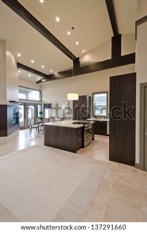 Luxury modern kitchen with the living room and the fireplace at the back. Interior design. Vertical.