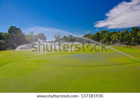 Mexican resort golf course gets irrigated. Golf field, course sprinkling.