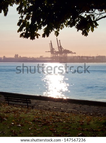 Gorgeous view at the port terminal  from the park sea walk side at sunset, sunrise time. Stanley Park, Vancouver, Canada.