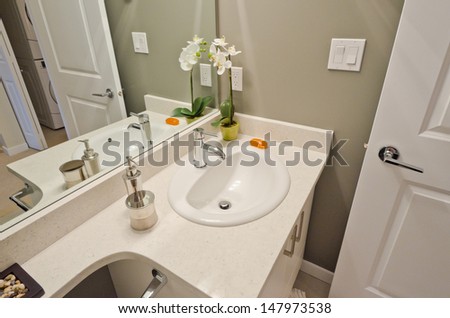 Nicely decorated modern washroom with the sink and vase with flowers. Interior design.