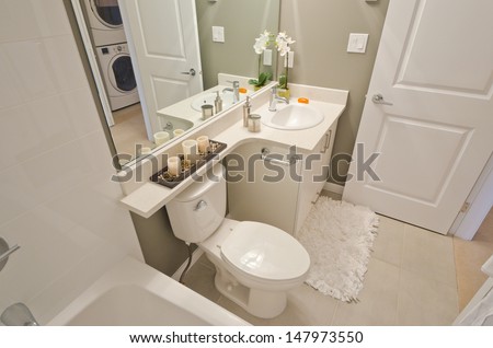 Nicely decorated luxury modern washroom with the toilet and vase with flowers. Interior design.